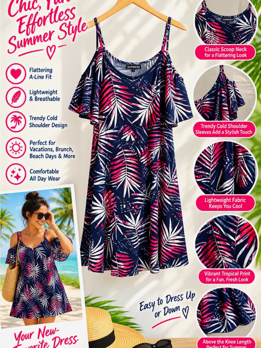 Express Navy Tropical Cold-Shoulder Mini Dress with Pink & White Leaf Print